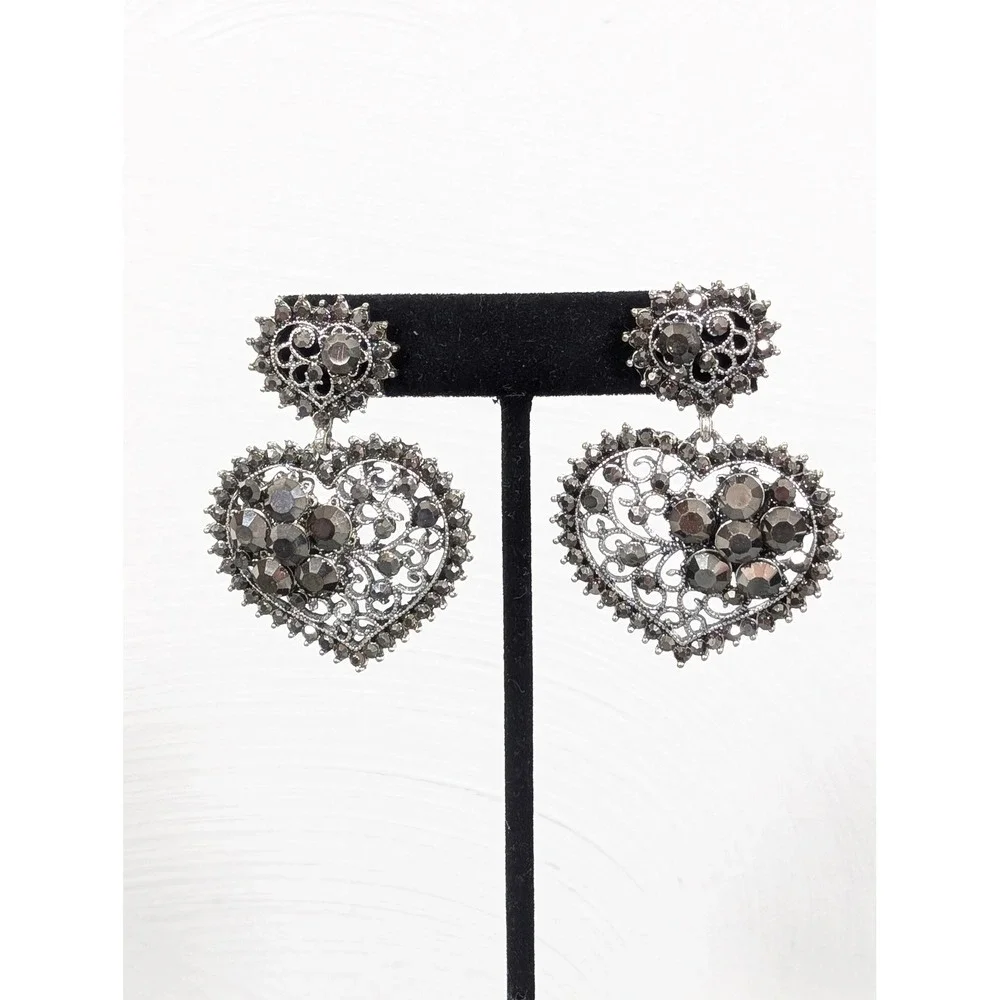 Large‎ Heart Dangle Earrings Silver Tone Openwork Gray Rhinestone Pierced
